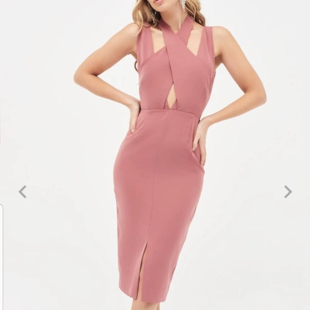 cross over neck midi dress in dusty rose